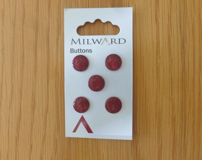 Set of 5 Deep Pink Buttons, 1 cm, Milward, swirl pattern