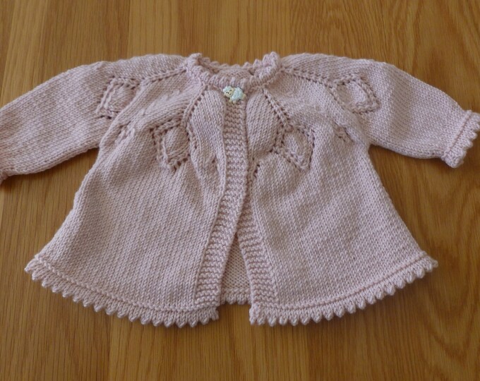 Soft Pink Handknitted Baby Girls Cardigan, 3-6 months, Debbie Bliss Baby Cashmerino, handknit in Scotland, 18 in, 46 cm