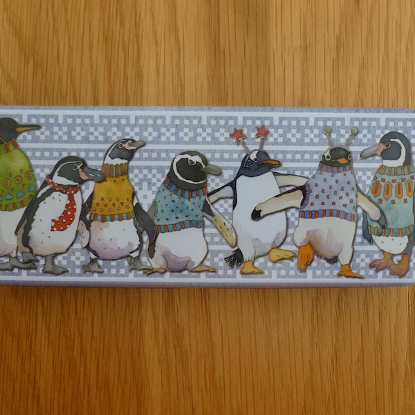 Storage tins by Emma Ball, long pencil tins, choice of cute designs, Sheep in Sweaters, Penguins, Knitters, or standard tin Woolly Puffins