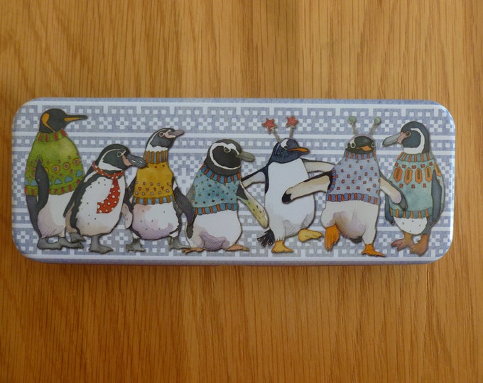 Storage tins by Emma Ball, long pencil tins, choice of cute designs, Penguins, Knitters, storage tin for knitters, crafters