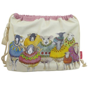 Knitters Project Bags, by Emma Ball, drawstring lined bag, various designs, for knitters, crafters, cotton, gift, UK, loop to hang bag up