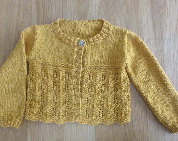 Handknitted children's cardigan, mustard yellow, soft, machine washable