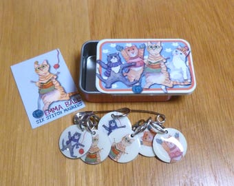 Set of 6 Stitch Markers in a Pocket Tin, Kittens in Mittens, by Emma Ball, knitters