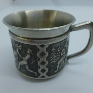 Norwegian Pewter cup, marked Norway TINN, ITB, 1970&#39;s, great condition, small, 4 cm tall x 4.5 cm diameter plus handle, heavy