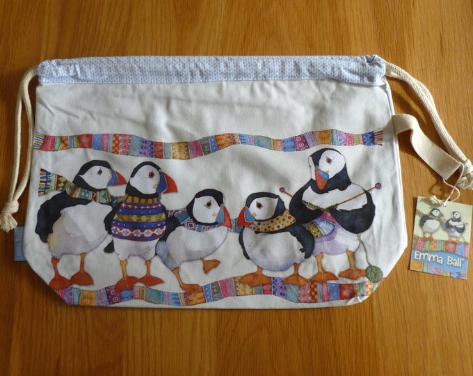 Drawstring Project Bags, by Emma Ball, lined cotton, various designs