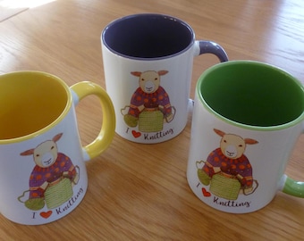 Knitters Mug, I Love Knitting, sheep design both sides, various colours, dishwasher proof, printed in the UK, holds 330ml, 9.5 cm high