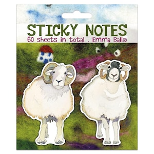 May include: A pack of 60 sticky notes featuring two white sheep with brown horns. The sheep are standing on a green and purple background with the text "STICKY NOTES 60 sheets in total. Emma Ball®".