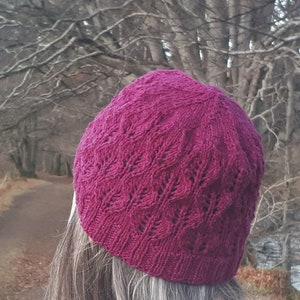 The Birnam Beanie, DK hat knitting pattern, PDF, digital download, DK, leaf pattern, designed in Scotland, knitted on circular needles