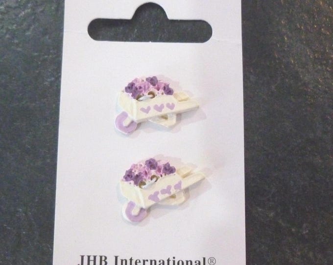 Pretty wheelbarrow vintage buttons, set of 2 buttons, 2 cm x 1.5 cm, pink, cream, purple