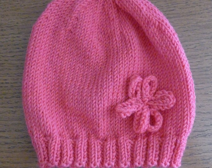Handknitted Baby Hats, pink, flower, 0 - 3 months, supersoft, pure wool or alpaca, pretty, baby girl, baby shower gift, handknit in Scotland