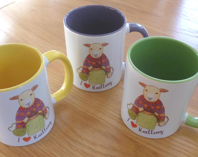 Knitters Mug, I Love Knitting, sheep design both sides, various colours, dishwasher proof, printed in the UK, holds 330ml, 9.5 cm high