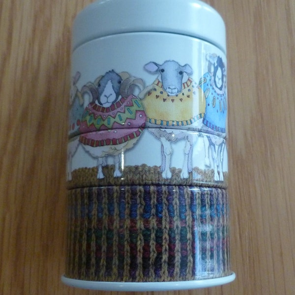 Small Stacker Tin , by Emma Ball, 8.5 cm x 5.5 cm, storage tin, Sheep in Sweaters design, circular, 3 small sections