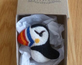 Handmade Felted Brooches, Puffin, Sheep, Orca, made in Orkney, by Peedie Orkney Animals, gift, boxed, hand felted