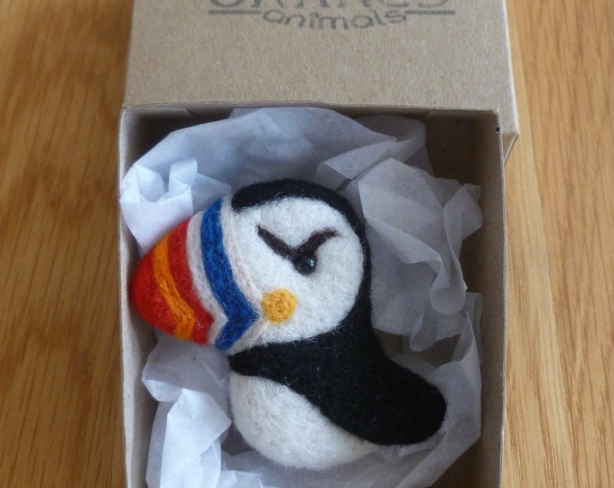 Handmade Felted Brooches, Puffin, Sheep, Orca, made in Orkney, by Peedie Orkney Animals, gift, boxed, hand felted