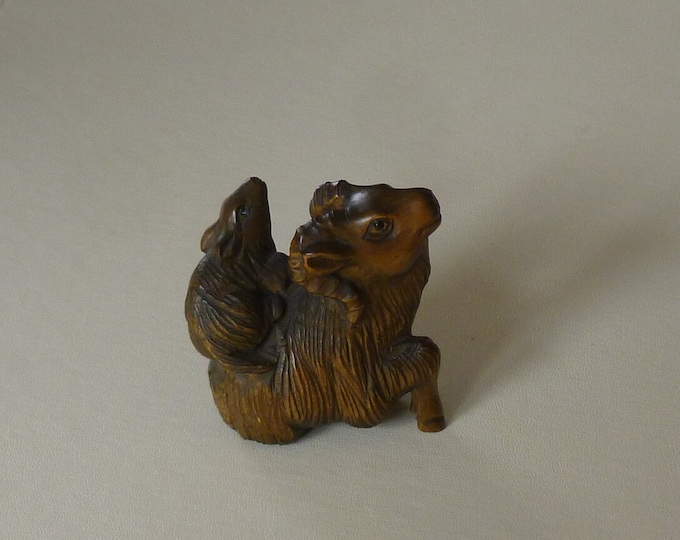 Sheep and Lamb Netsuke, vintage, signed, wooden, handcarved, 20th Century, Japanese