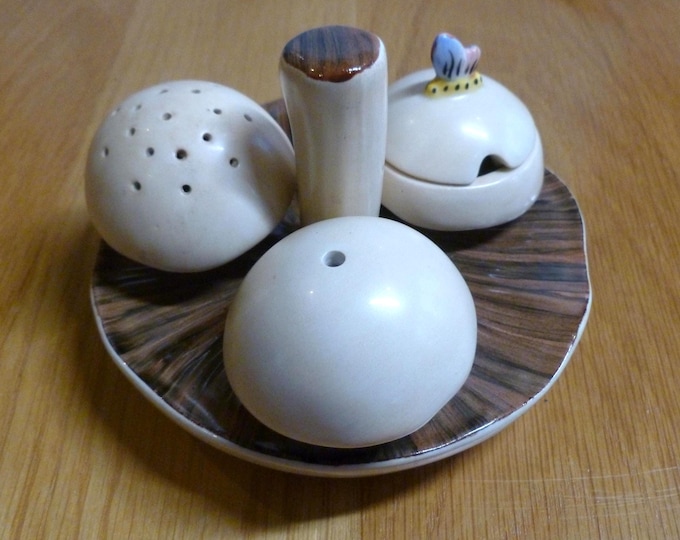 Carltonware Mushroom Cruet Set, handpainted, vintage, collectable, 1960's, butterfly