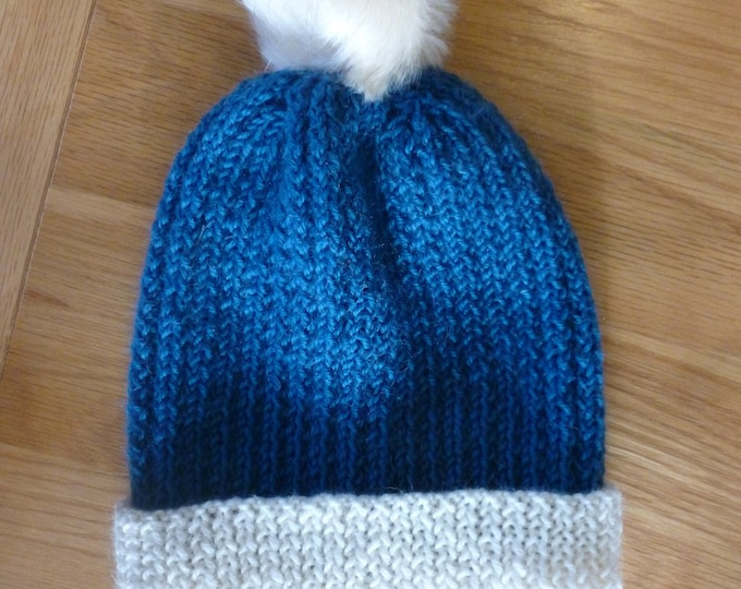 Handknitted Bobble Hat for adults, soft, warm, rib pattern, jade green, cream, lightweight bobble, handknit in Scotland, faux fur bobble