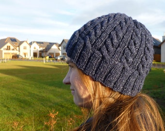 Knitting PATTERN - The Ballater Beanie, PDF knitting pattern, beanie hat, cabled, dk, worsted, adult size, designed in Scotland