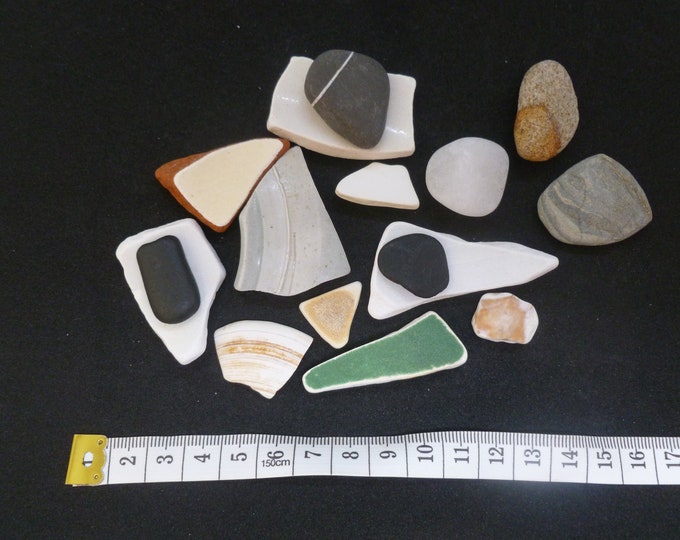 Beachcombing finds from Scotland, seaglass, pretty stones, pottery, for jewellery and crafting, blue, white, sparkly, brown