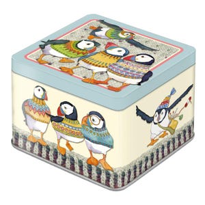 Square Storage Tin, by Emma Ball Ltd, various designs, 10 x 10 x 8 cm, storage for knitters and crafters, removable lid, UK