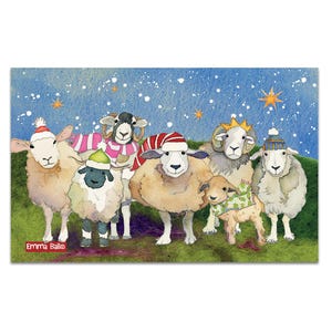 Kerstschapentheedoek, van Emma Ball, vrolijke kersttheedoek, katoen, cadeau voor breiers, gemaakt in het Verenigd Koninkrijk, schapen