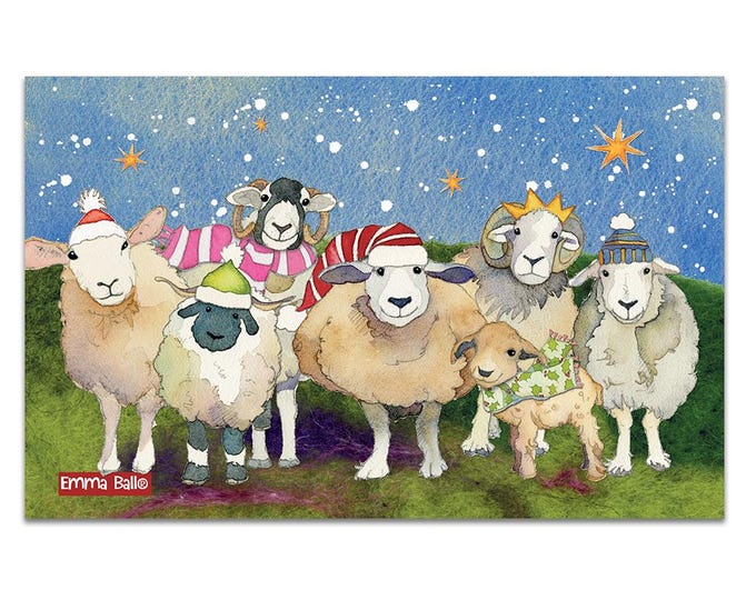 Christmas Sheep Teatowel, by Emma Ball, cheerful Christmas teatowel, cotton, gift for knitters, made in UK, sheep