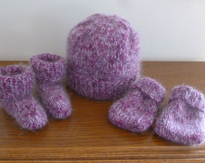Hat, Mittens and Boottee Set, supersoft, 0-3 months, Debbie Bliss Fine Donegal and Angel yarns, rich purple shade, baby gift