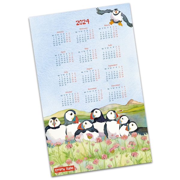 2024 Calendar TEA TOWEL by Emma Ball, beautifully illustrated, 100 per cent cotton, puffins, organiser