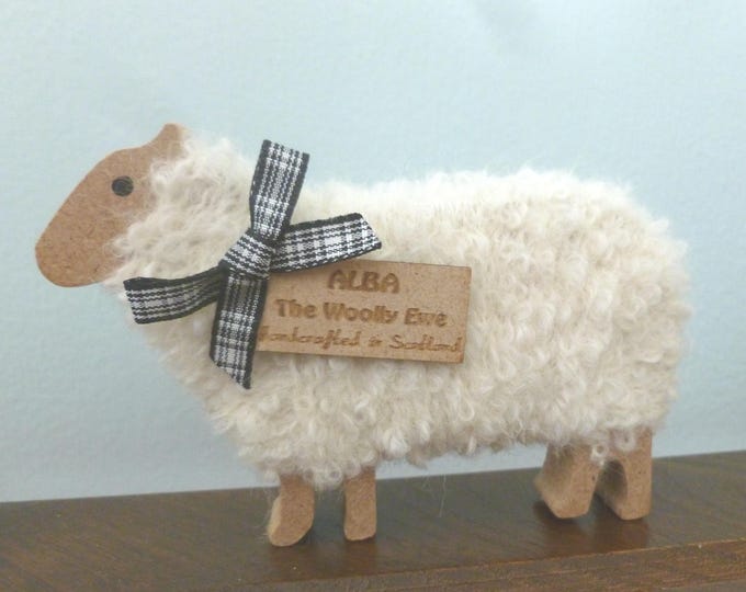 Handcrafted Sheep Ornament, Woolly Ewe, standing ewe, hand dyed wool, each with tartan bow and name tag, gift for knitters, Scotland