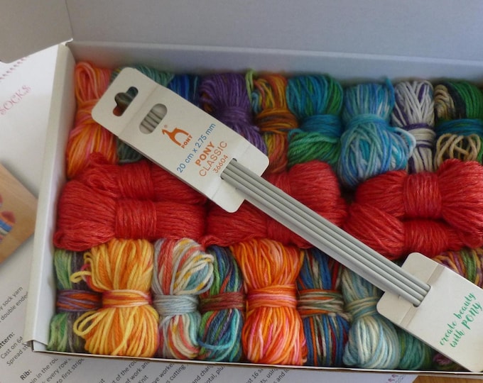 Knitting Kit for Scrappy Socks, 4 ply, pattern for UK size 5 -7, needles included, yarn, boxed, gift