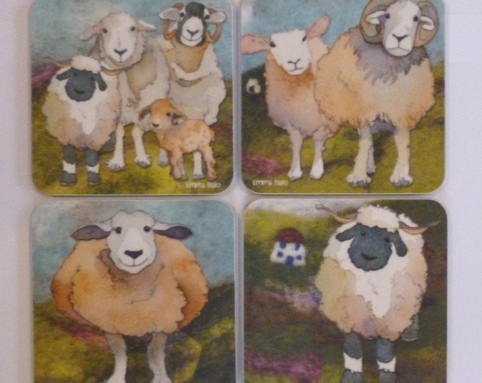Set of 4 Coasters by Emma Ball, Felted Sheep, Crafting Gnomes, 10 cm square