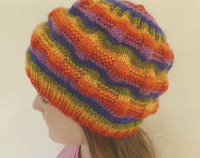 Rainbow Toorie, hat knitting pattern, PDF, digital download, printable, DK worsted yarn, adult , child, Wee Window design from Scotland