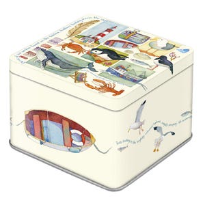 Square Storage Tin, by Emma Ball Ltd, various designs, 10 x 10 x 8 cm, storage for knitters and crafters, removable lid, UK