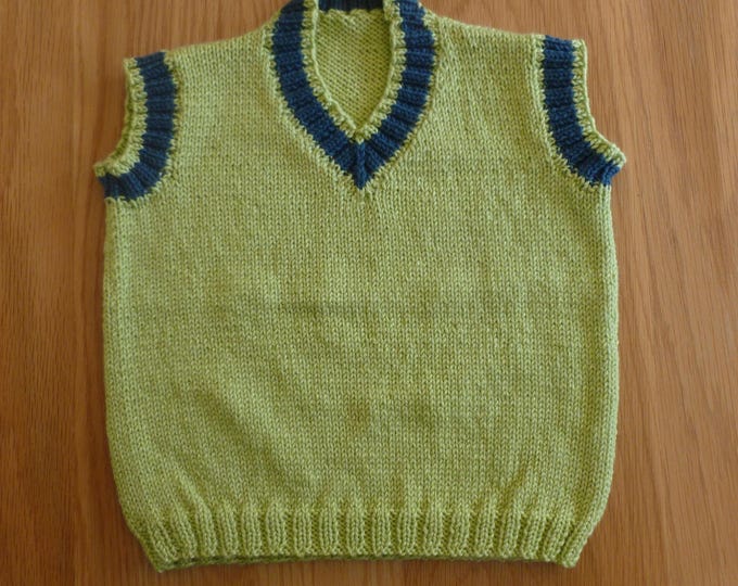 Handknitted Slipover, green, 24 inch chest, 2 - 4 years, soft, stretchy, made in Scoltand, machine washable