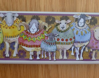 Storage tins, by Emma Ball, pocket tins, pencil tins, choice of cute designs, Sheep in Sweaters, Woolly Puffins, Knitters, Woolly Puffins