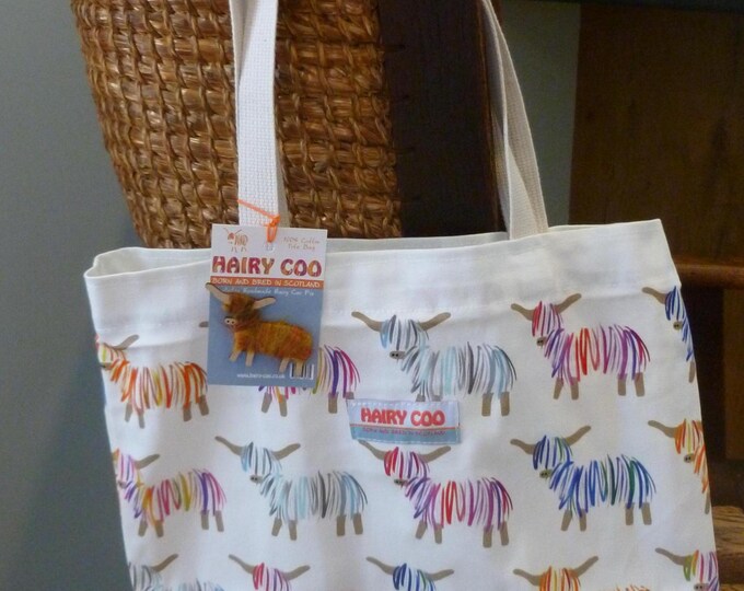 Hairy Coo Tote Bag and Pin, project bag, storage, shoulder bag, cotton, strong handles, handmade sheep pin, Scotland