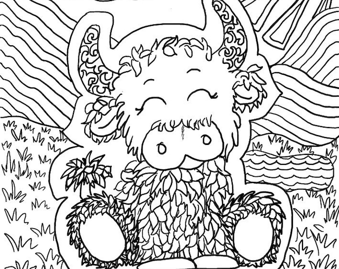 Highland Coo Colouring Sheet, cute, PDF, digital download, printable, A4, art, mindfulness, ASI Designs, Scotland, colouring, Highland Cow