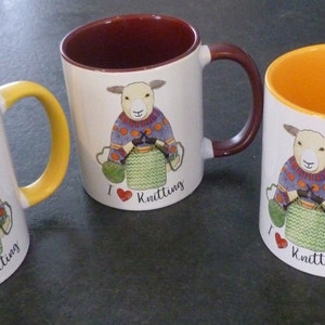 Knitters Mug, I Love Knitting, sheep design both sides, various colours, dishwasher proof, printed in the UK, holds 330ml, 9.5 cm high