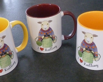 Knitters Mug, I Love Knitting, sheep design both sides, various colours, dishwasher proof, printed in the UK, holds 330ml, 9.5 cm high