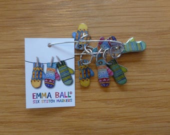 Stitch markers by Emma Ball, Woolly Puffins, Socks, Sheep in Sweaters, other designs, set of 6 cute enamelled stitch markers for knitters