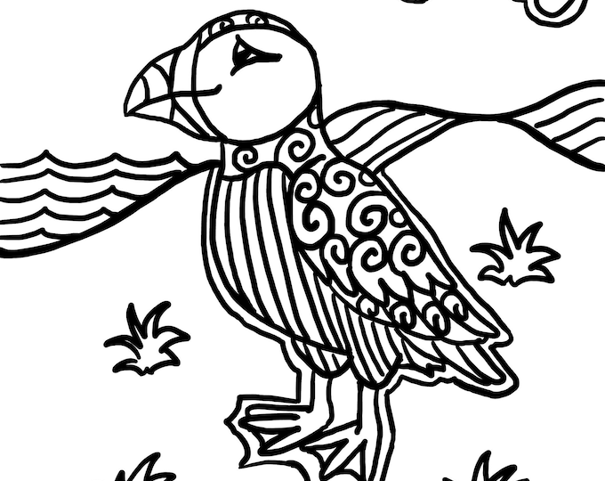 Puffin Colouring Sheet, cute, PDF, digital download, printable, A4, mindfulness, ASI Designs, Scotland, colouring, puffin, art
