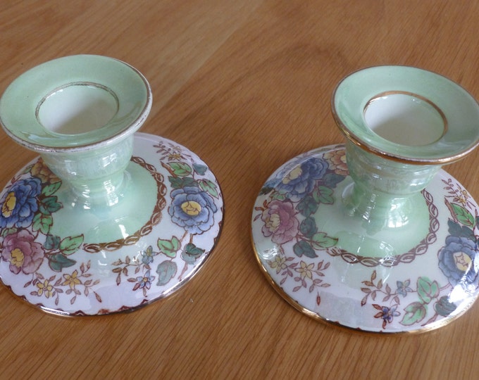 Pair of Maling Candlesticks, Peony Rose, vintage, 1950's, green