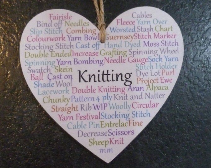 Heart Shaped Decorative Wooden Ornament, KNITTING, 10 cm, knitting terms & language, gift for knitters, wooden, made in the Orkney Isles
