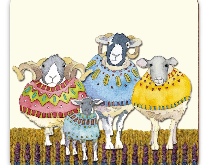 Coasters, beautifully illustrated by Emma Ball, Puffins, Woolies, Sheep in Sweaters, gnomes, felted sheep, gifts for knitters, UK