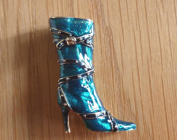 Enamel Knee High Boot Brooch, 5 cm, sparkly, green, goldtone, black, excellent condition