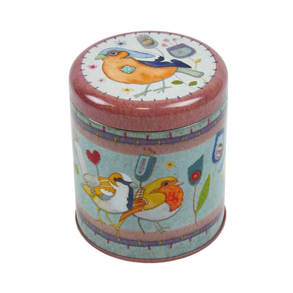 Round storage tin, Woolly Puffins, Stitched Birdies, short caddy, by Emma Ball, 10 cm x 8.6 cm, crafters storage, notions, needles, pins