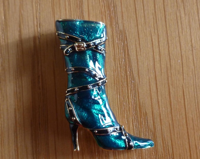 Enamel Knee High Boot Brooch, 5 cm, sparkly, green, goldtone, black, excellent condition