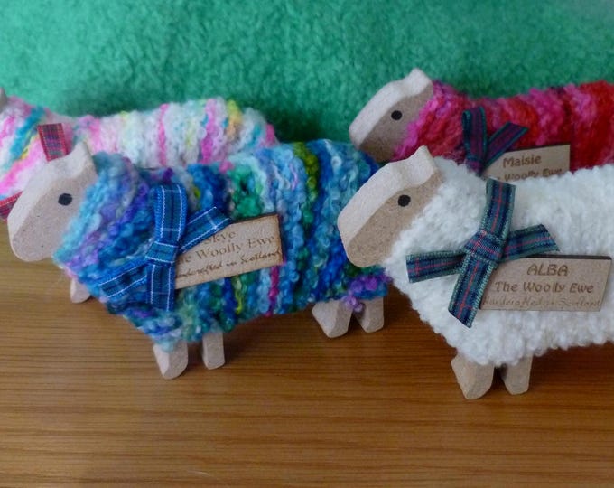 Handcrafted Sheep Ornament, Woolly Ewe, standing ewe, hand dyed wool, each with tartan bow and name tag, gift for knitters, Scotland