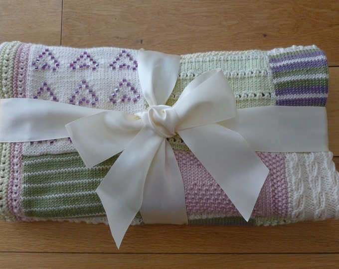 LUXURY BABY BLANKET, unique, handknitted, cream, green, pink, purple, yellow, beaded, 105 cm x 80 cm, made in Scotland, soft, beautiful