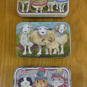 Storage Tin by Emma Ball, mini hinged tin, storage for knitters and crafters, for needles, buttons, stitch markers, cable pins..
